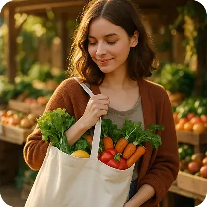 A young woman holding a large eco tote bag filled with fresh vegetables and fruits at a local farmer's market. Warm sunlight, cozy atmosphere, background with wooden crates and greenery. The tote has a simple, natural design.