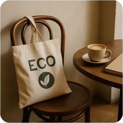 An eco tote placed on a chair or beside a table at a cozy coffee shop. There’s a cup of coffee, a book or a laptop nearby. The setting is minimal and aesthetic, evoking slow lifestyle and conscious choices.