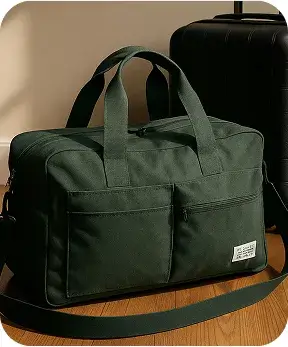 large dark green eco travel bag with extra pockets
