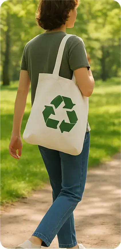 A person walking through a park or nature trail carrying an eco-friendly tote bag on their shoulder. Casual outfit, spring or summer scenery, with trees, grass, and soft shadows. The bag moves naturally as part of the lifestyle moment.